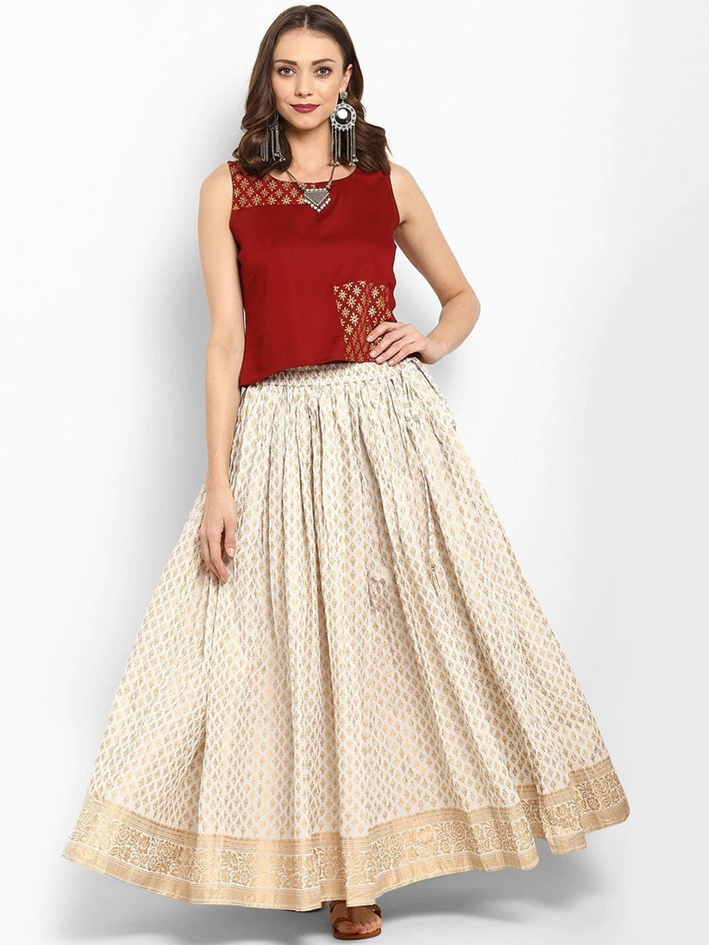 Off White Cotton Printed Skirt