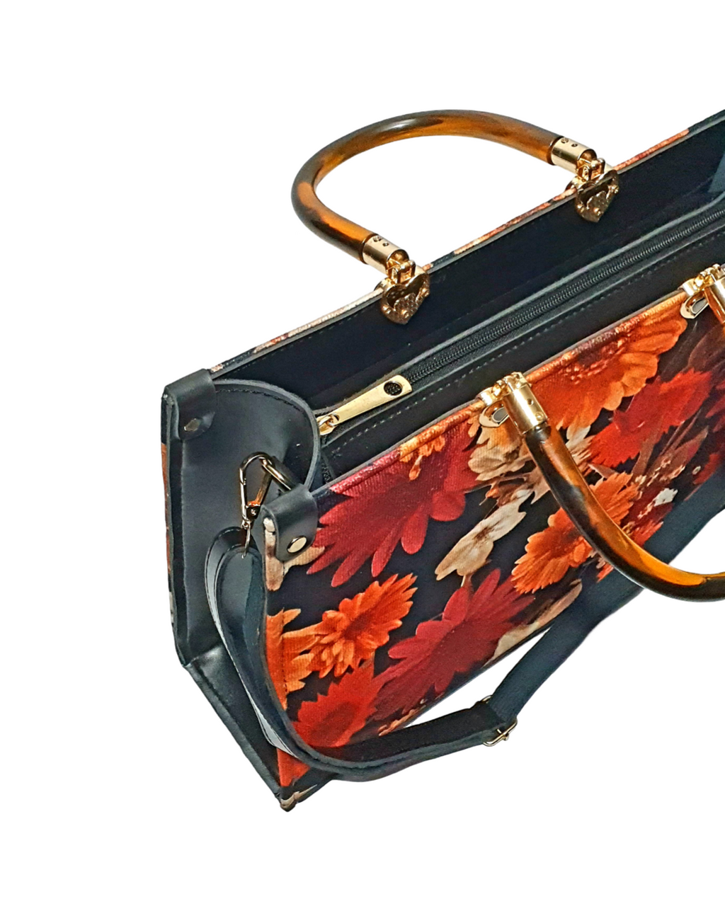 Elegant Floral Tote Bag with Tortoise Handles