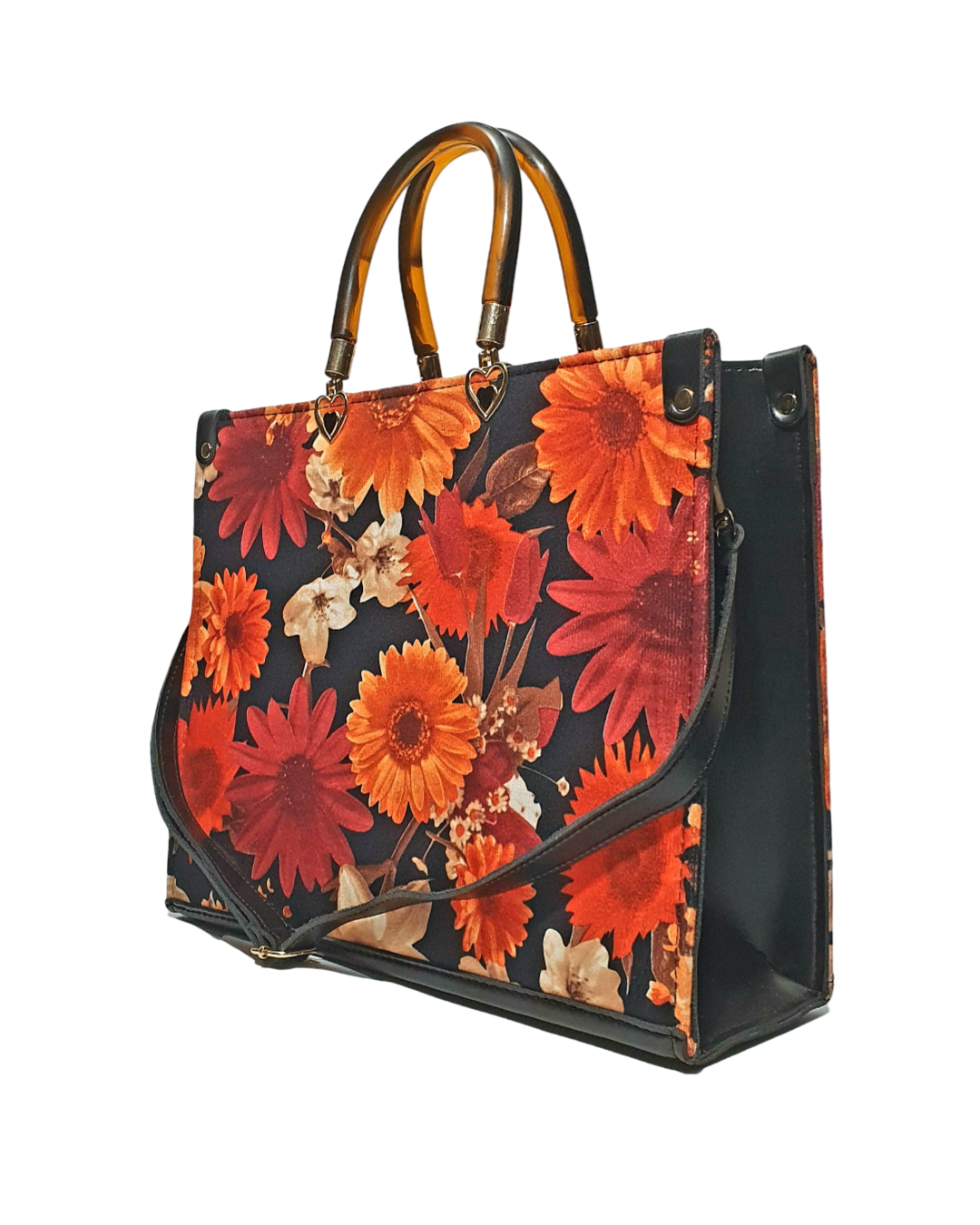 Elegant Floral Tote Bag with Tortoise Handles