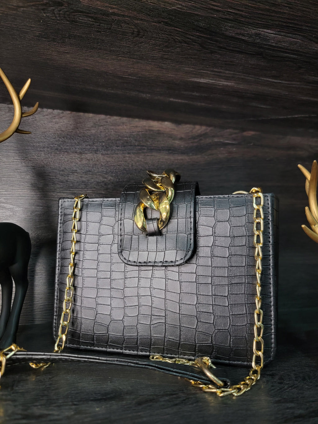 Mini Croc Chain Box Bag – Black