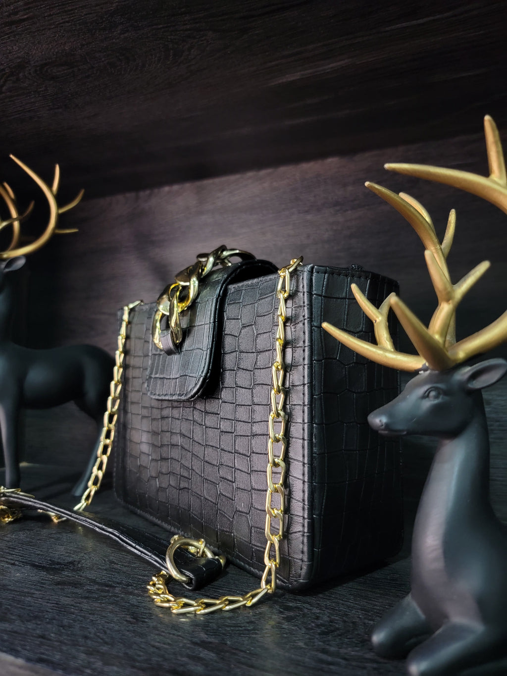 Mini Croc Chain Box Bag – Black