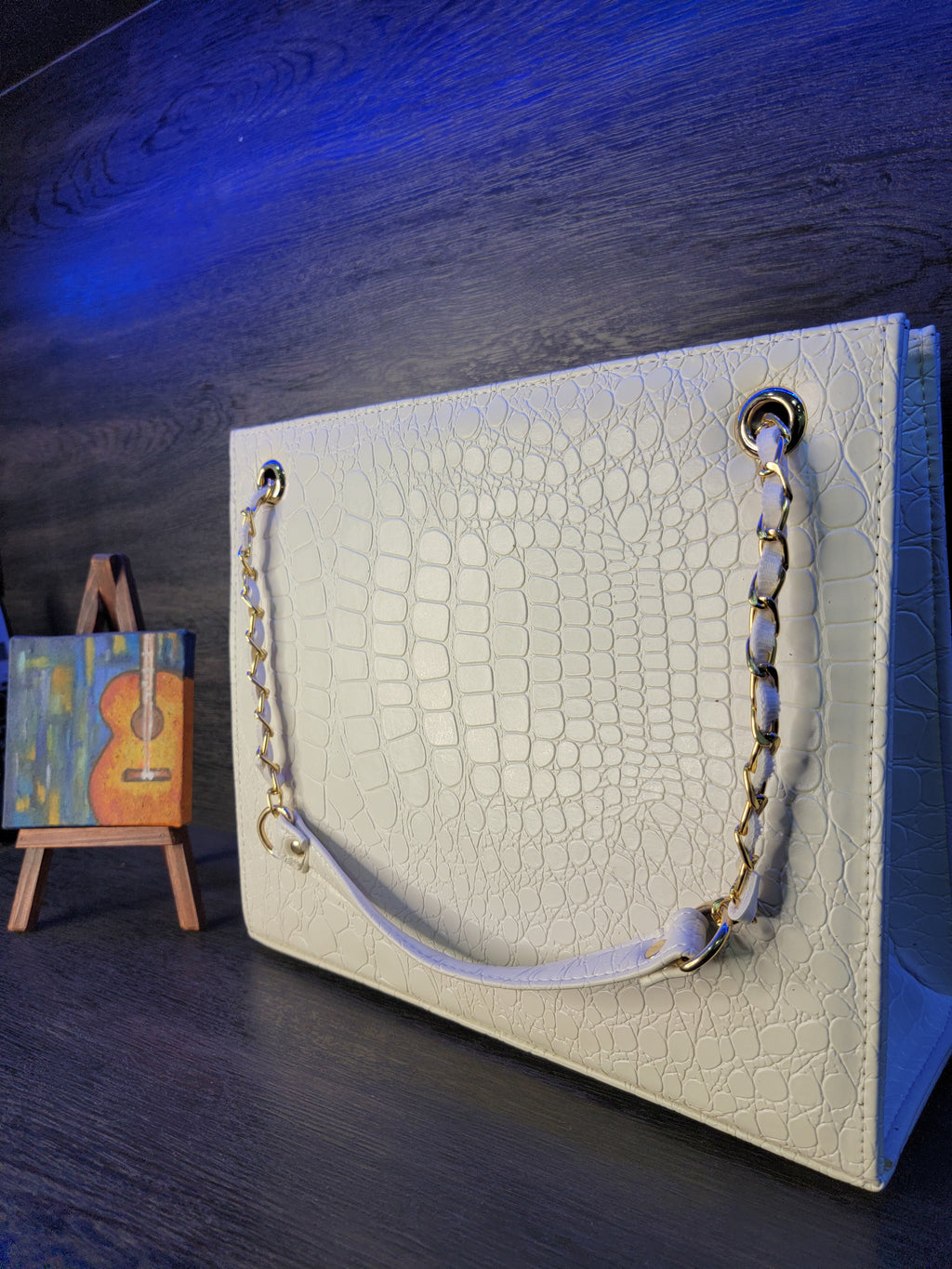 White Croc-Textured Box Handbag