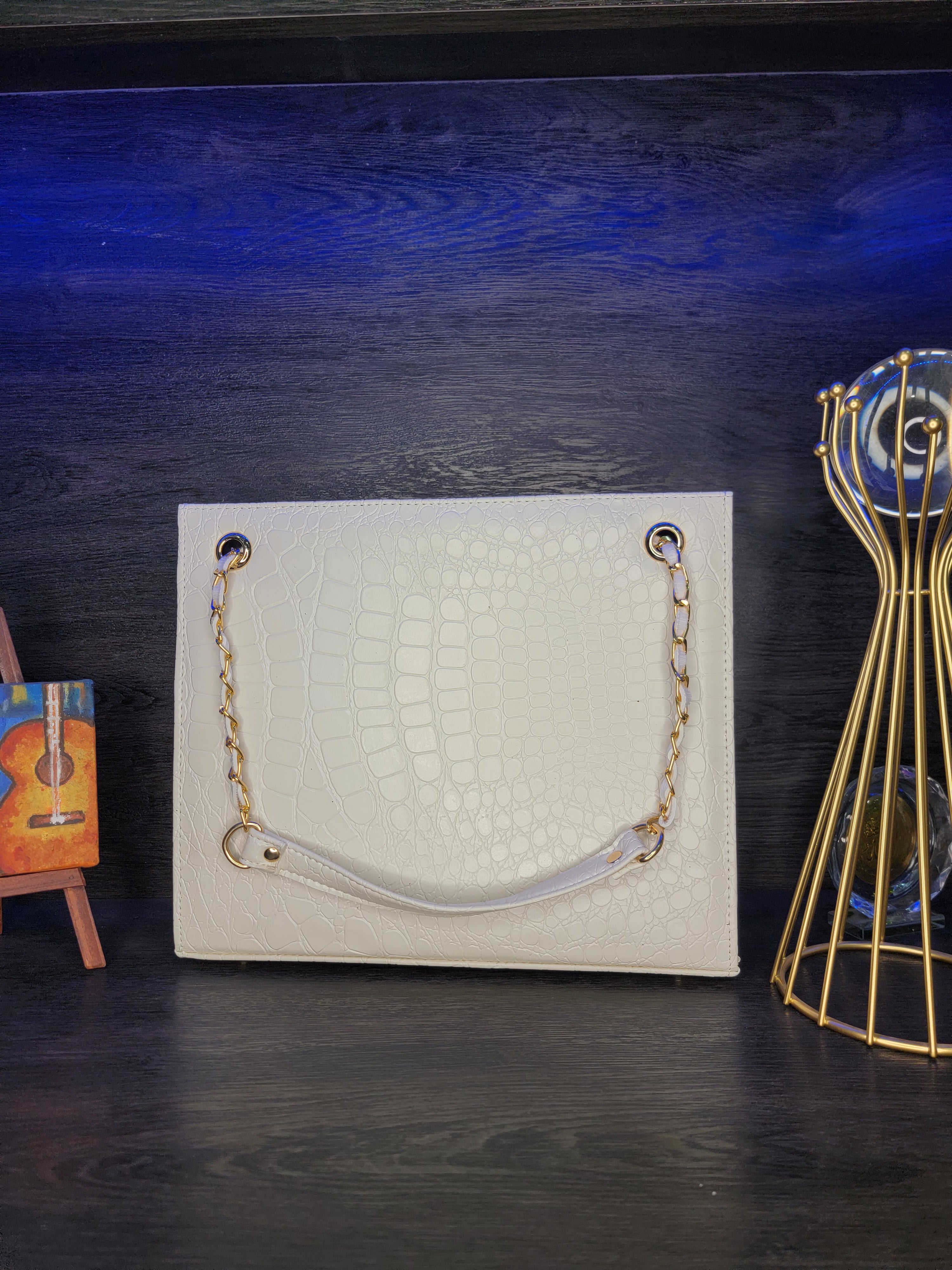 White Croc-Textured Box Handbag