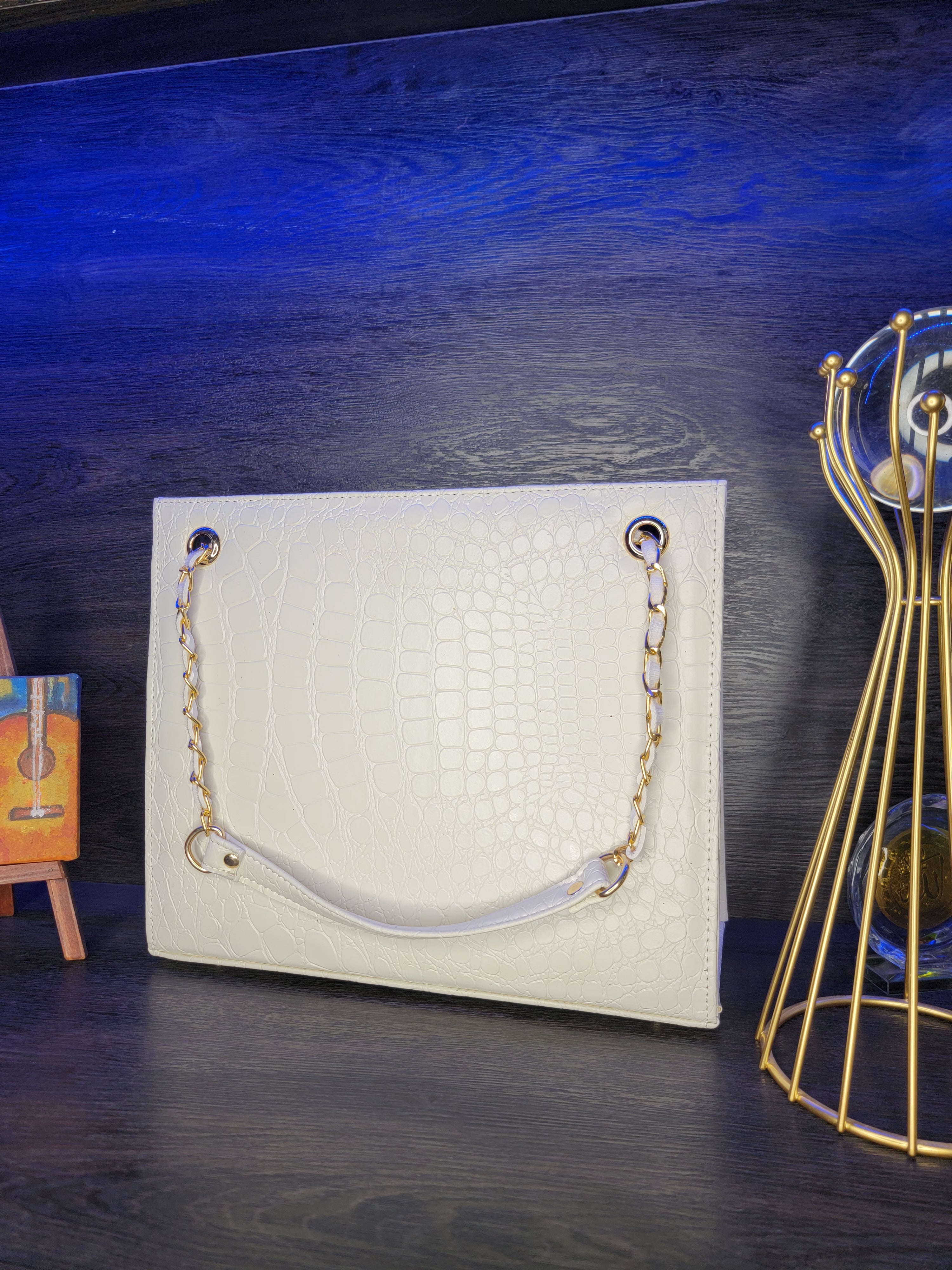 White Croc-Textured Box Handbag