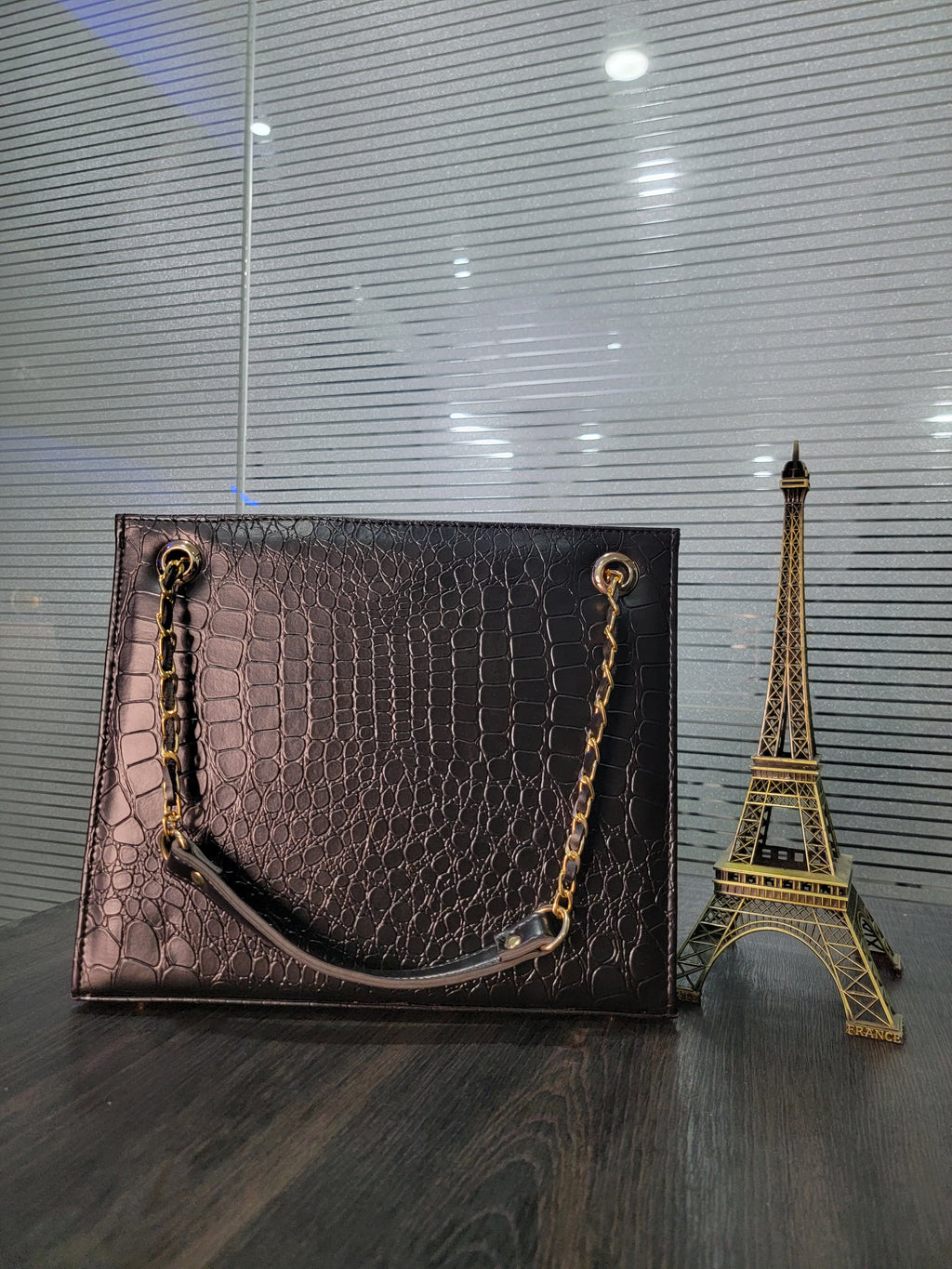 Black Croc-Textured Box Handbag