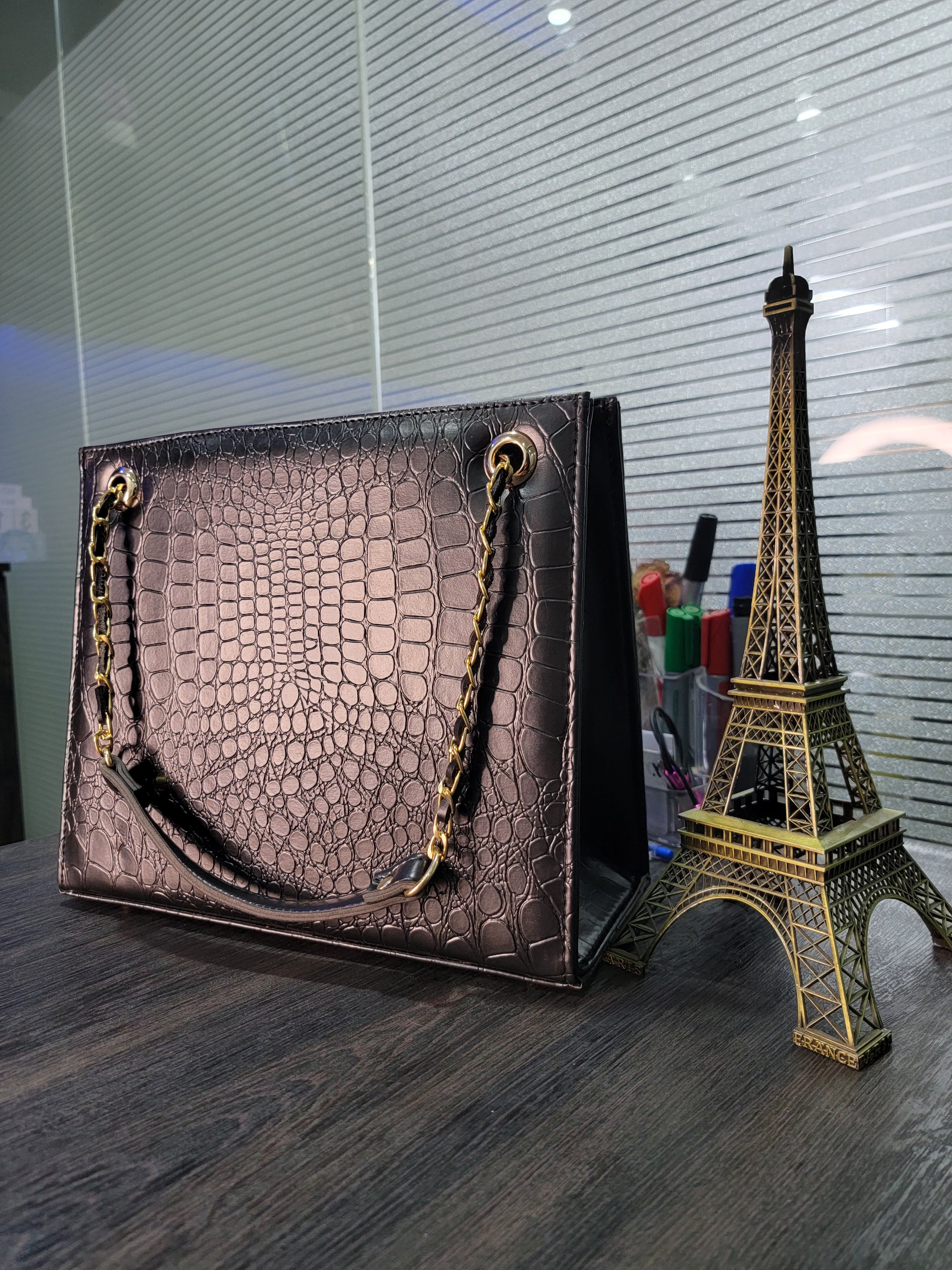 Black Croc-Textured Box Handbag
