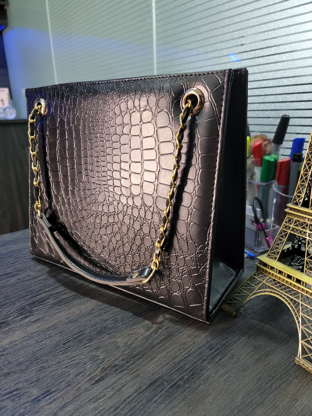 Black Croc-Textured Box Handbag