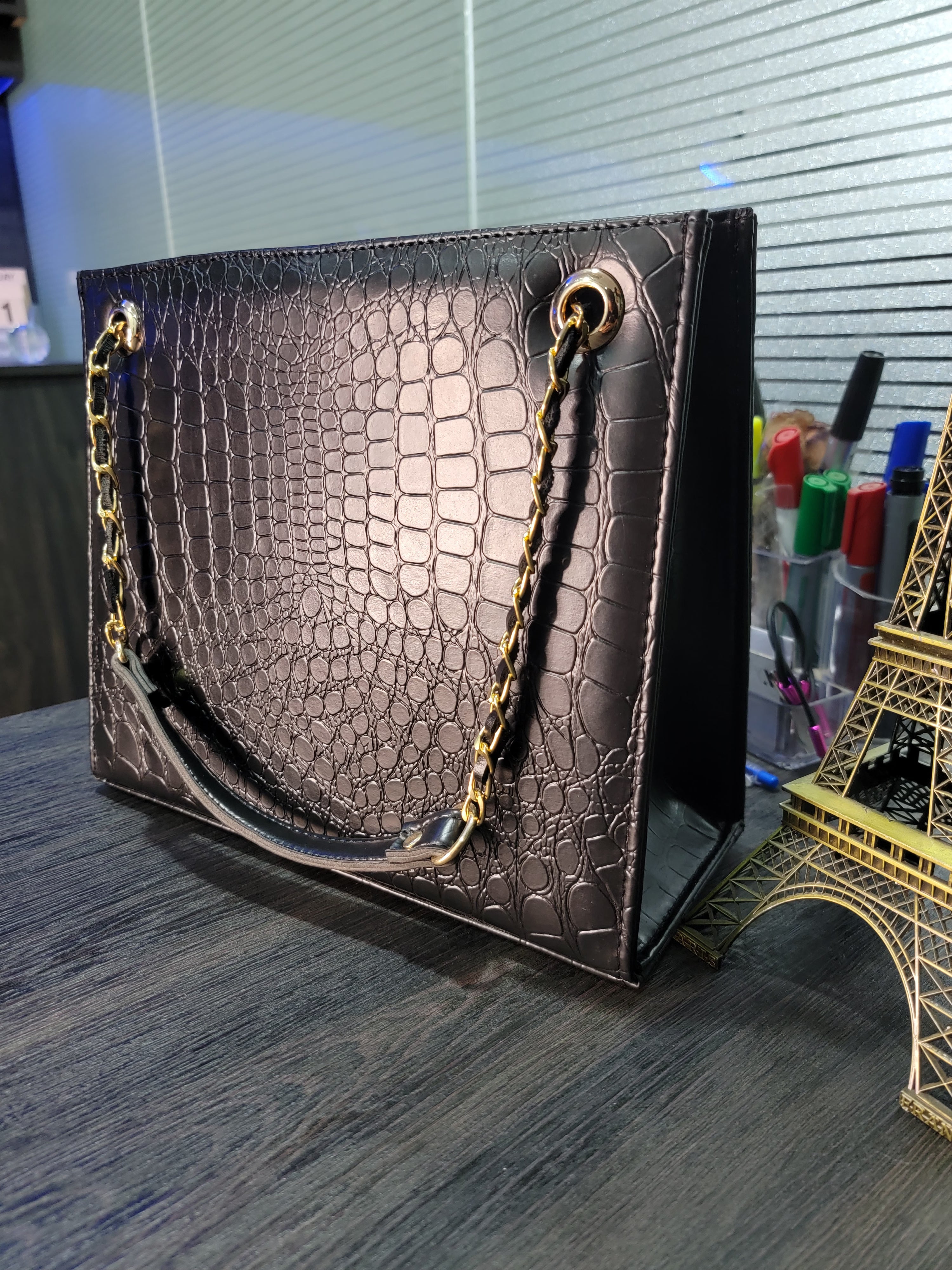 Black Croc-Textured Box Handbag