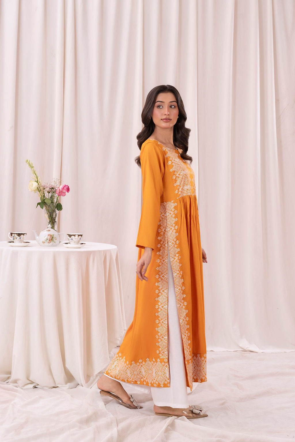 Mustard yellow printed long kurta, Sleeves separate attatch