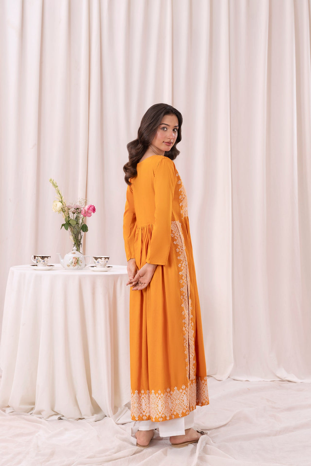 Mustard yellow printed long kurta, Sleeves separate attatch