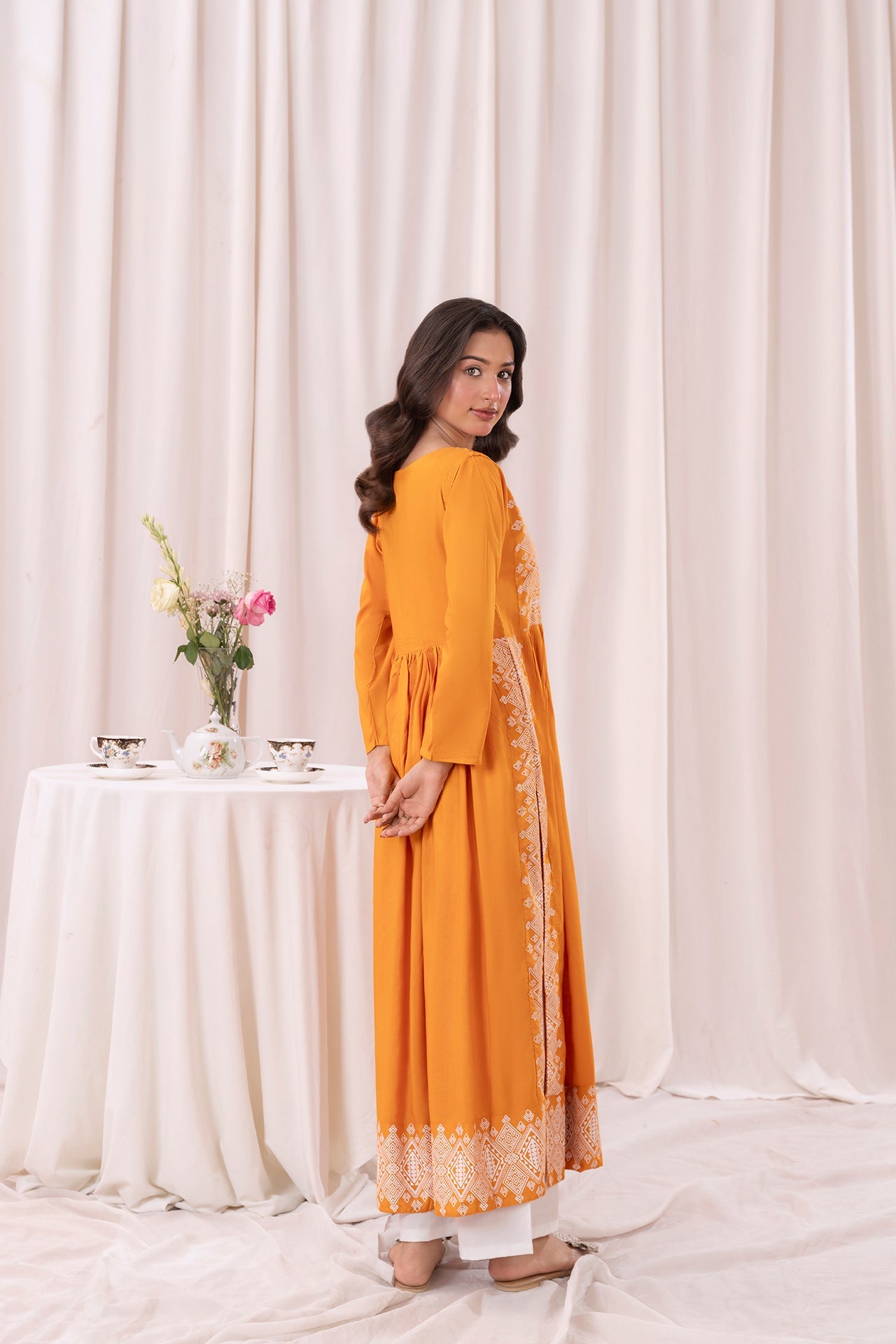 Mustard yellow printed long kurta, Sleeves separate attatch