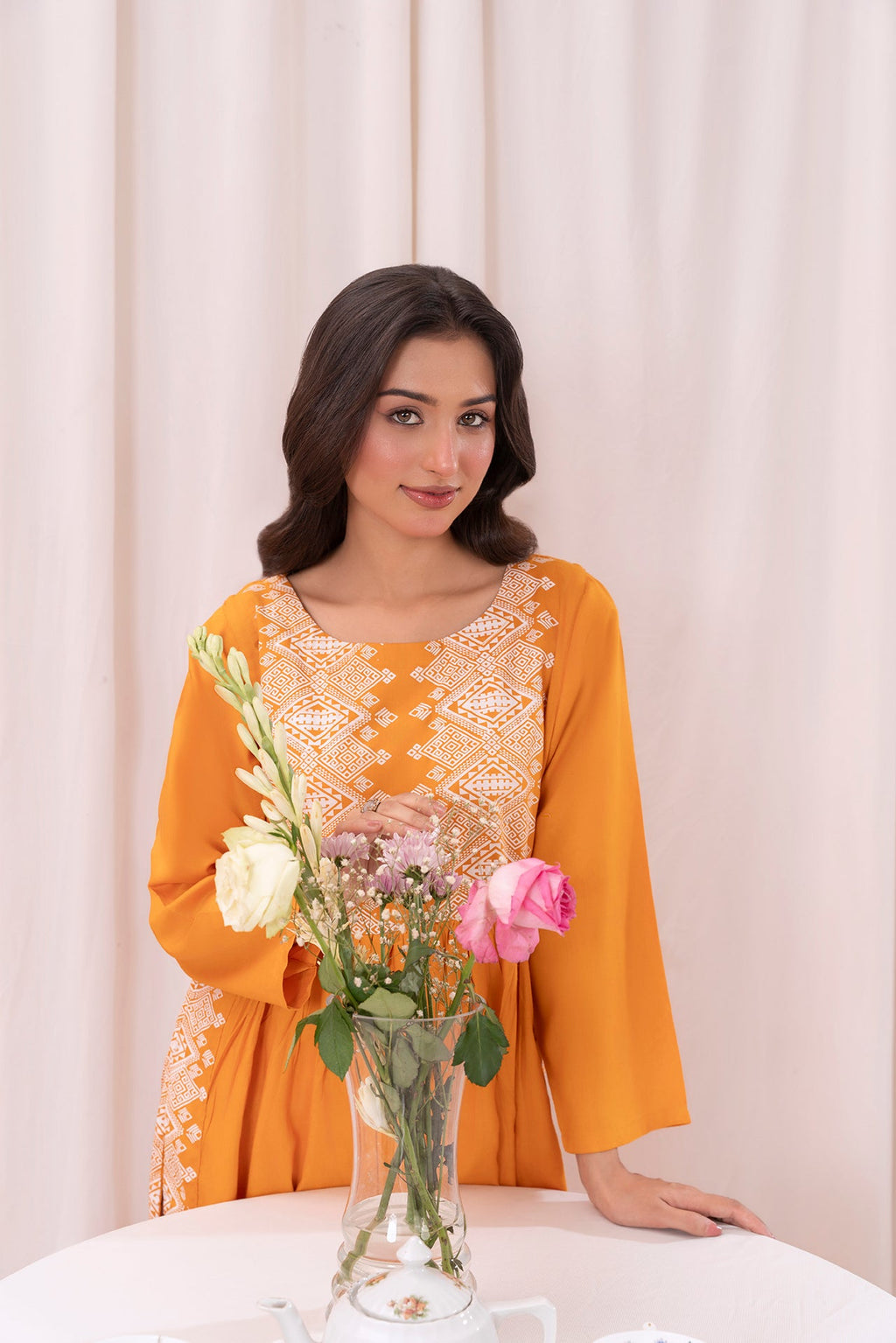 Mustard yellow printed long kurta, Sleeves separate attatch