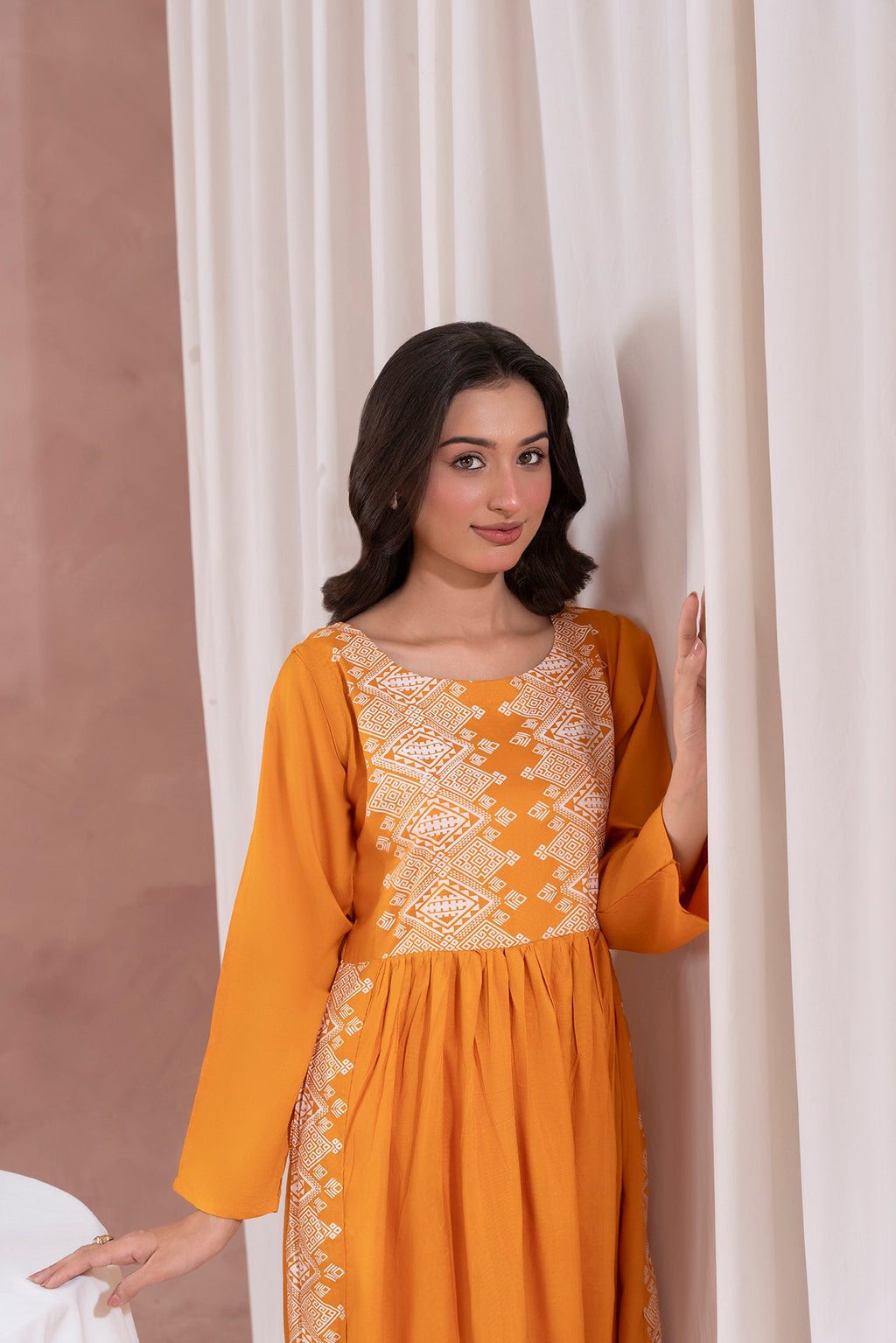 Mustard yellow printed long kurta, Sleeves separate attatch