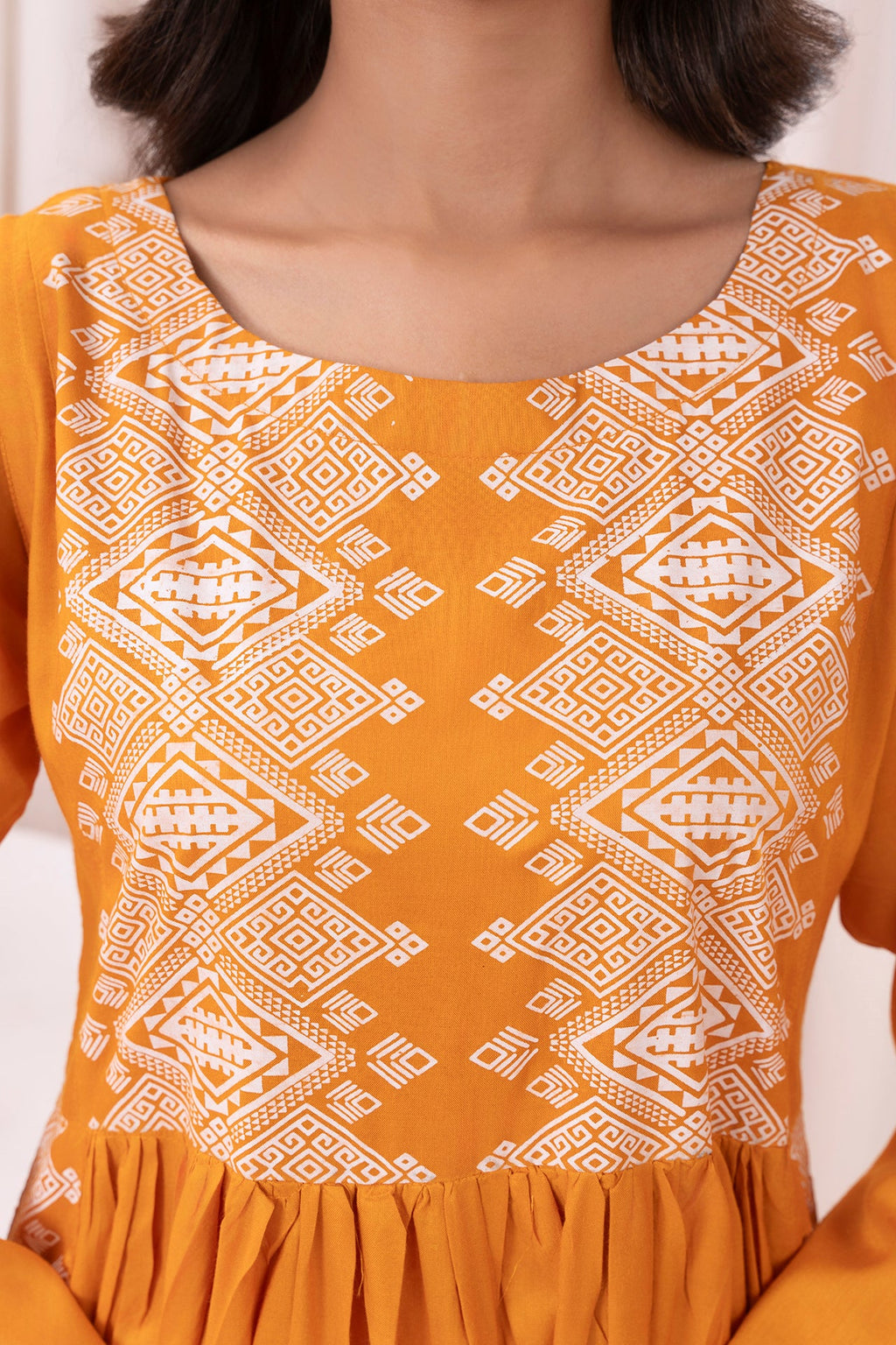 Mustard yellow printed long kurta, Sleeves separate attatch