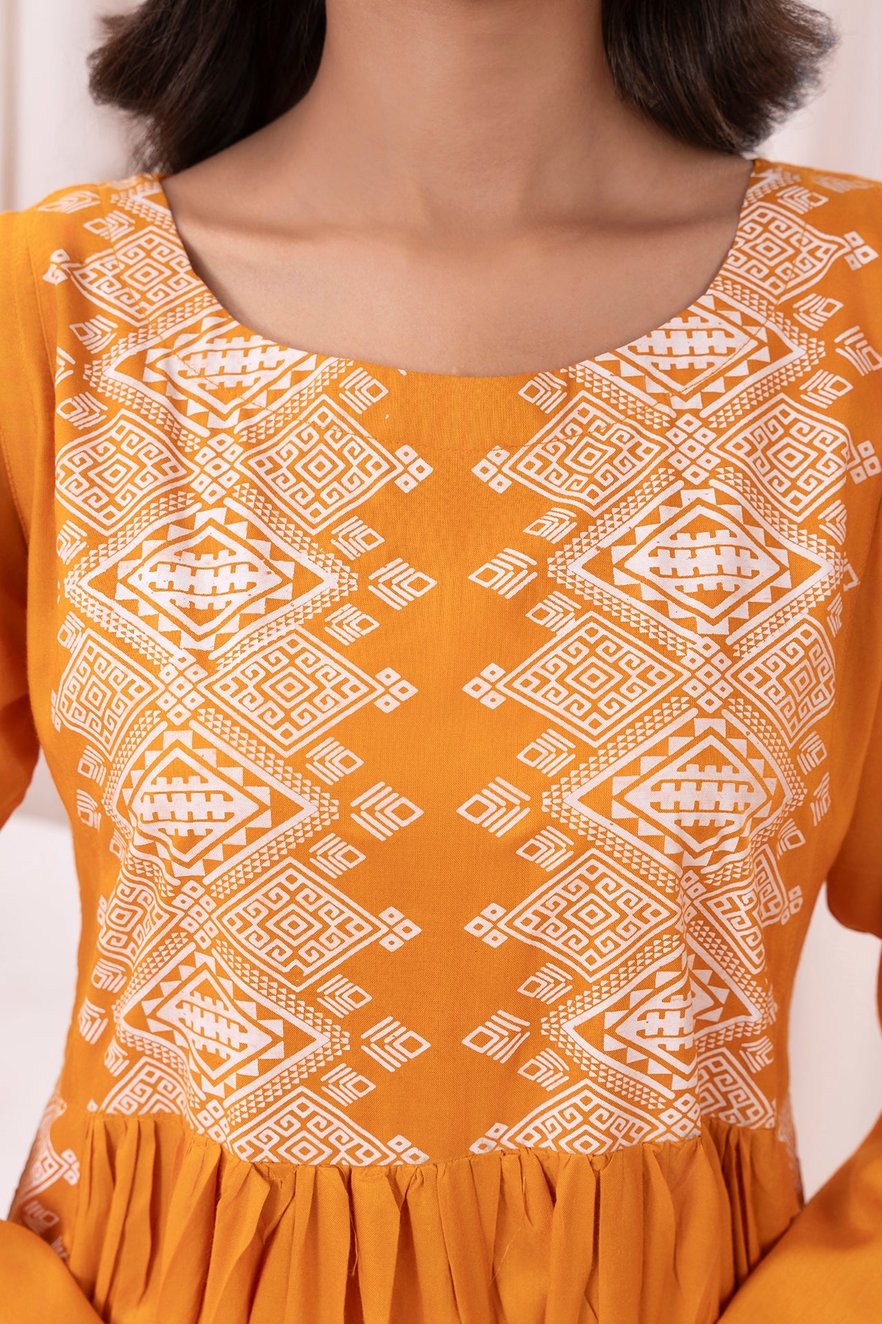 Mustard yellow printed long kurta, Sleeves separate attatch