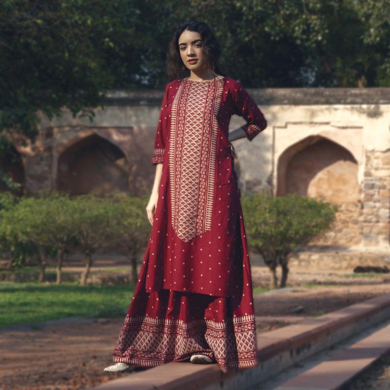 Maroon Polka Printed Kurta with Maroon Skirt