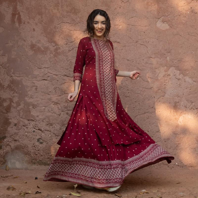 Maroon Polka Printed Kurta with Maroon Skirt