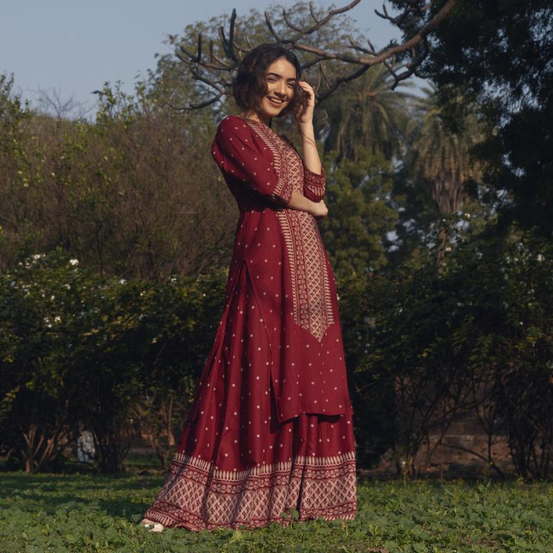 Maroon Polka Printed Kurta with Maroon Skirt