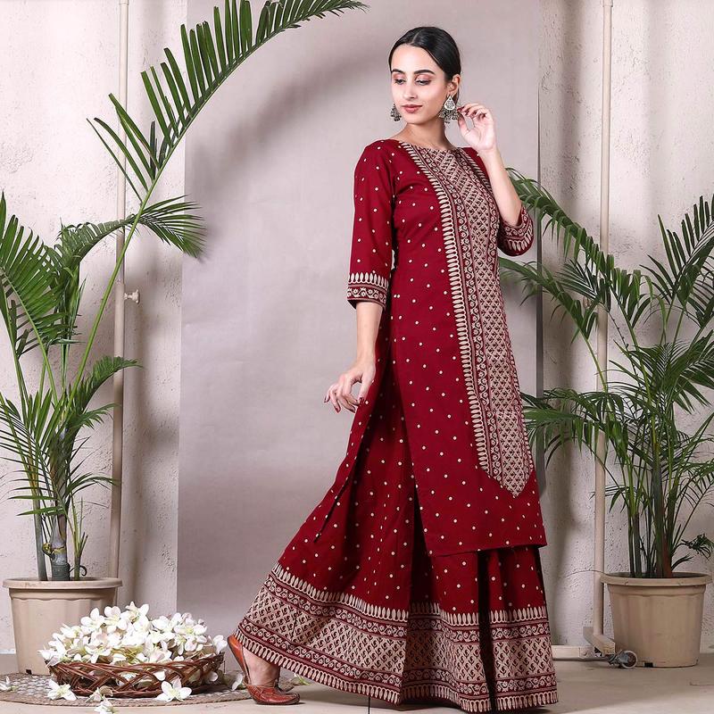 Maroon Polka Printed Kurta with Maroon Skirt