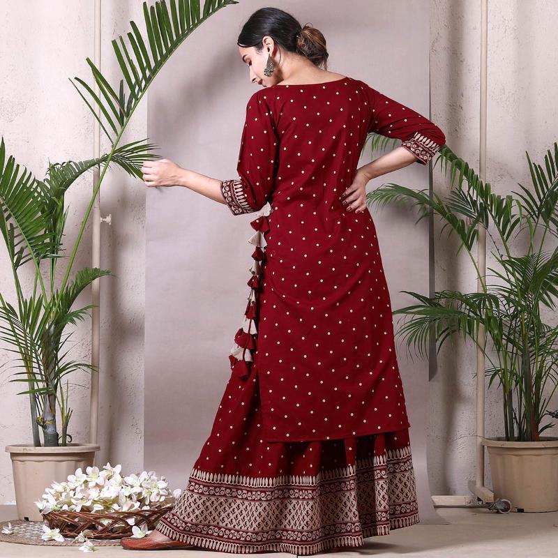 Maroon Polka Printed Kurta with Maroon Skirt